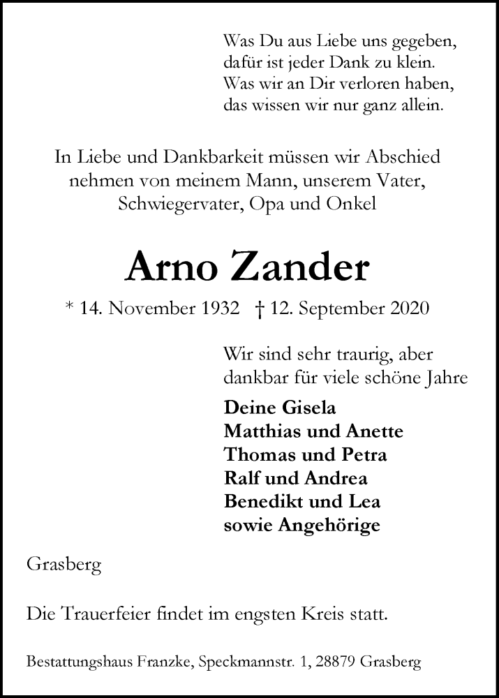 Traueranzeige von Arno Zander von Wuemme Zeitung
