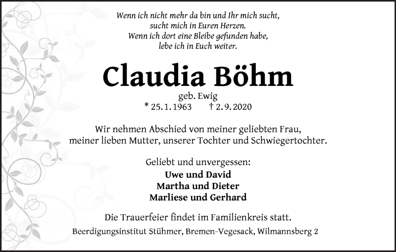  Traueranzeige für Claudia Böhm vom 09.09.2020 aus Die Norddeutsche