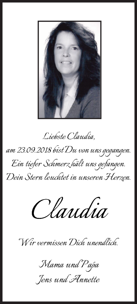 Traueranzeige für Claudia Hadsik vom 23.09.2020 aus WESER-KURIER
