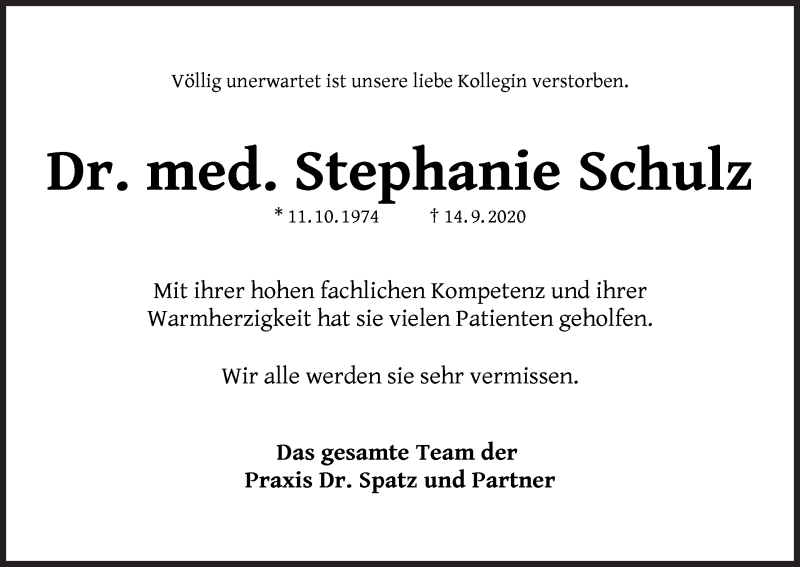  Traueranzeige für Dr.med.Stephanie Schulz vom 26.09.2020 aus WESER-KURIER