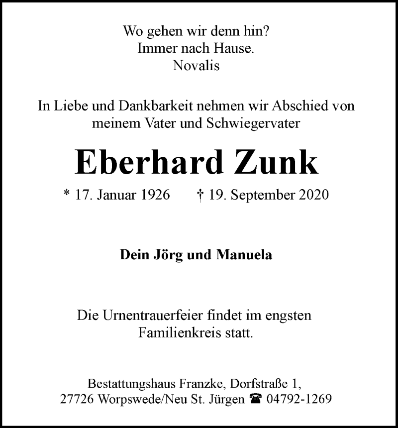 Traueranzeige von Eberhard Zunk von Wuemme Zeitung