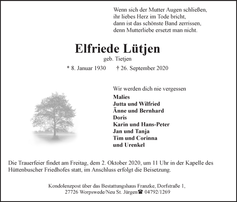 Traueranzeige von Elfriede Lütjen von Wuemme Zeitung
