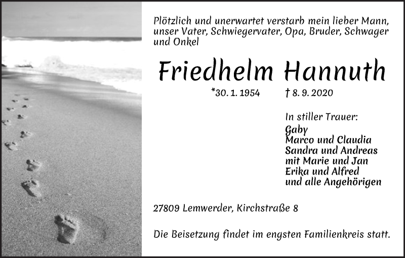  Traueranzeige für Friedhelm Hannuth vom 16.09.2020 aus Die Norddeutsche