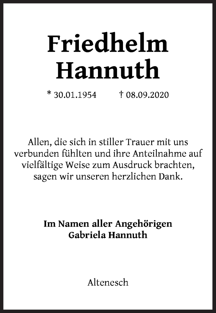  Traueranzeige für Friedhelm Hannuth vom 30.09.2020 aus Die Norddeutsche