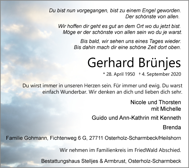  Traueranzeige für Gerhard Brünjes vom 10.09.2020 aus Osterholzer Kreisblatt