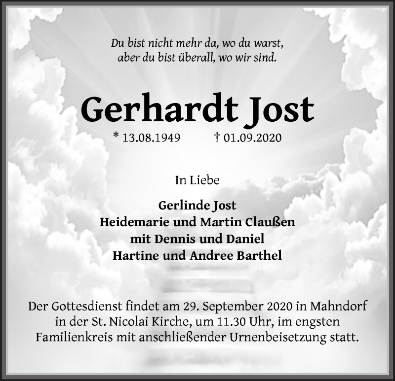  Traueranzeige für Gerhardt Jost vom 12.09.2020 aus WESER-KURIER