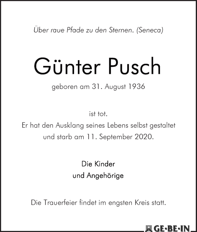  Traueranzeige für Günter Pusch vom 16.09.2020 aus WESER-KURIER