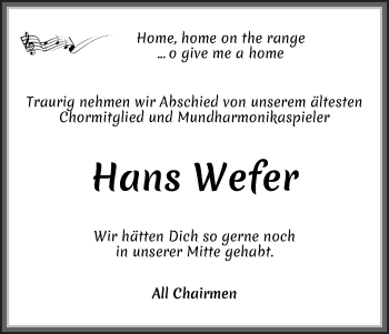 Traueranzeige von Hans Wefer