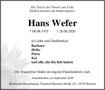 Traueranzeige von Hans Wefer