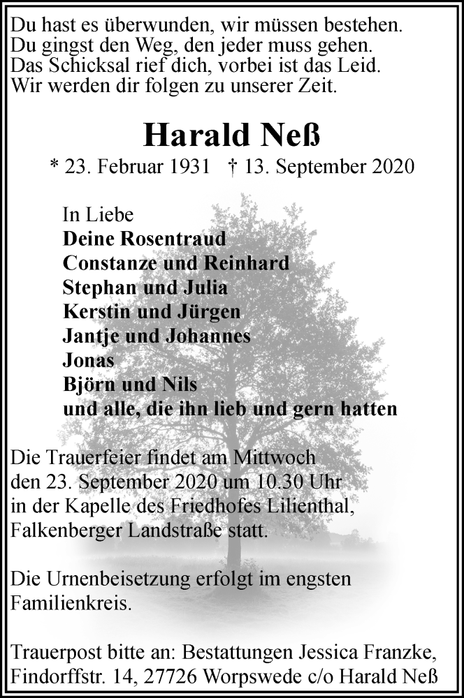 Traueranzeigen Von Harald Ness Trauer Gedenken