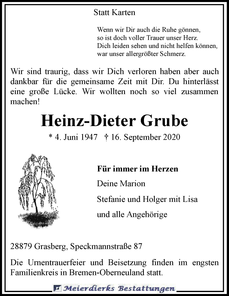  Traueranzeige für Heinz-Dieter Grube vom 19.09.2020 aus WESER-KURIER