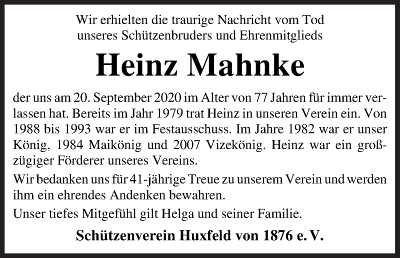  Traueranzeige für Heinz Mahnke vom 22.09.2020 aus Wuemme Zeitung