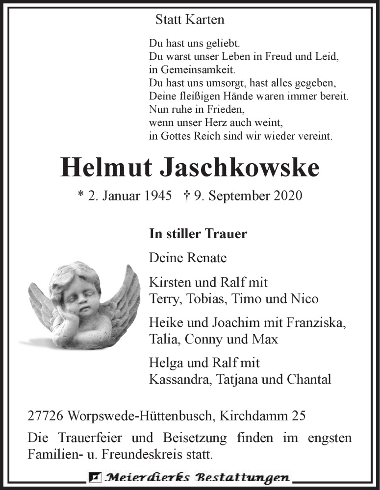  Traueranzeige für Helmut Jaschkowske vom 12.09.2020 aus Wuemme Zeitung