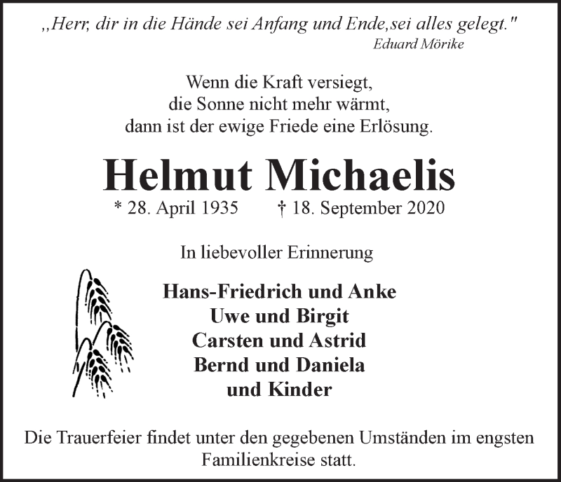 Traueranzeige von Helmut Michaelis von WESER-KURIER