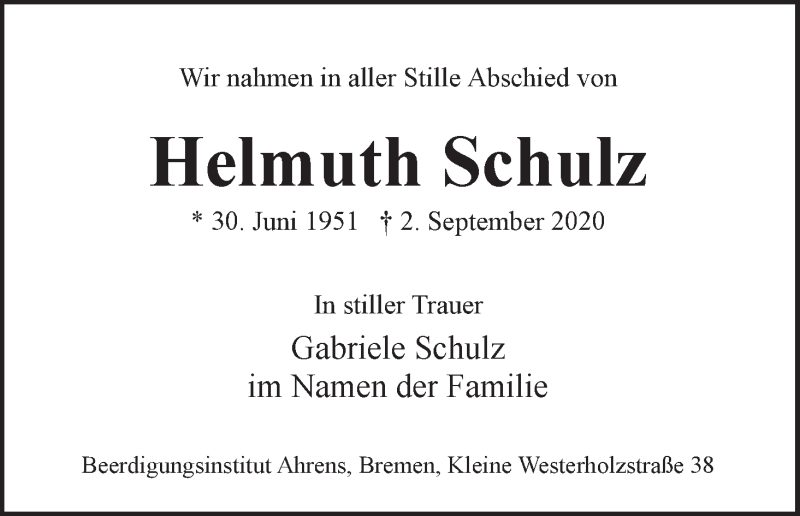  Traueranzeige für Helmuth Schulz vom 19.09.2020 aus WESER-KURIER