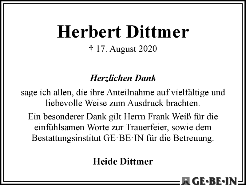 Traueranzeige von Herbert Dittmer von WESER-KURIER