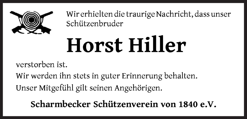  Traueranzeige für Horst Hiller vom 24.09.2020 aus Osterholzer Kreisblatt
