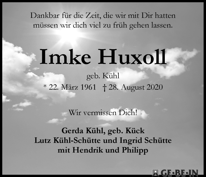  Traueranzeige für Imke Huxoll vom 05.09.2020 aus WESER-KURIER