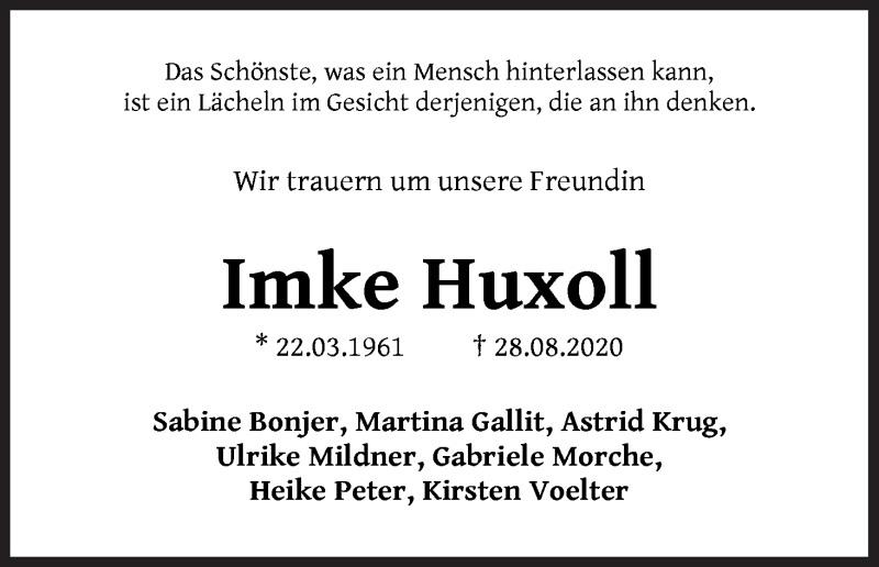  Traueranzeige für Imke Huxoll vom 05.09.2020 aus WESER-KURIER