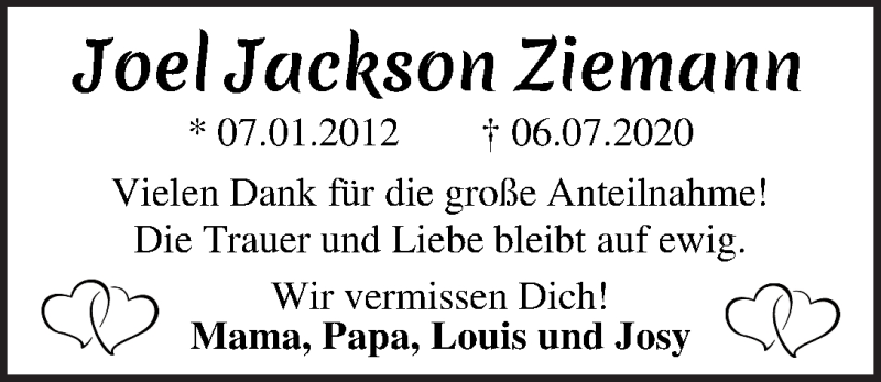  Traueranzeige für Joel Jackson Ziemann vom 02.09.2020 aus WESER-KURIER