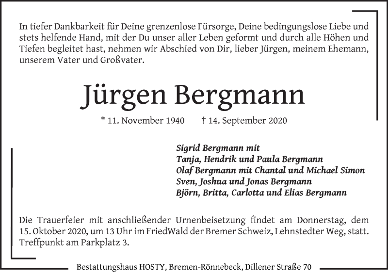  Traueranzeige für Jürgen Bergmann vom 26.09.2020 aus Die Norddeutsche