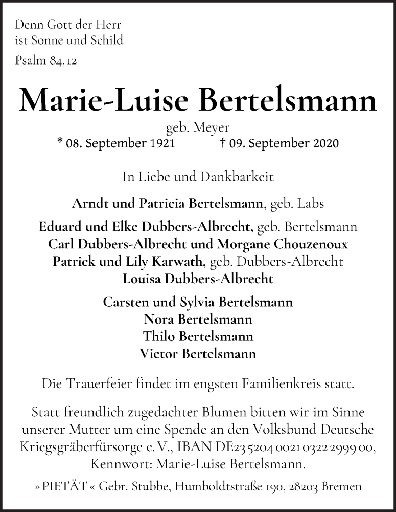 Traueranzeige von Marie-Luise Bertelsmann von WESER-KURIER