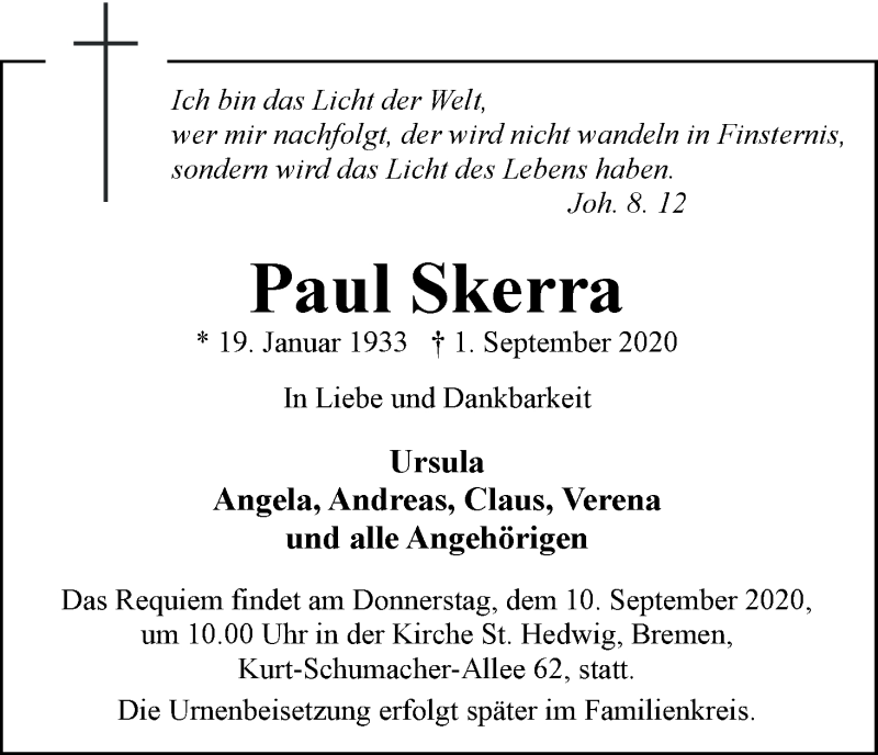 Traueranzeige von Paul Skerra von WESER-KURIER