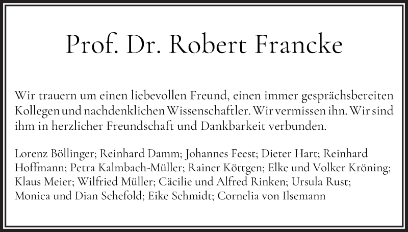  Traueranzeige für Prof. Dr. Robert Francke vom 19.09.2020 aus WESER-KURIER