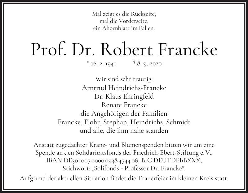  Traueranzeige für Prof. Dr. Robert Francke vom 19.09.2020 aus WESER-KURIER