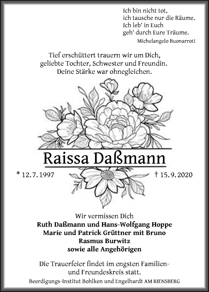  Traueranzeige für Raissa Daßmann vom 26.09.2020 aus WESER-KURIER