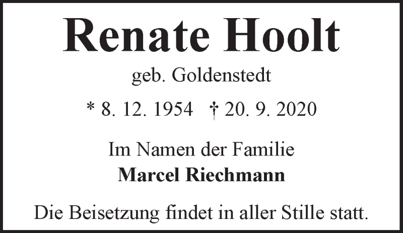 Traueranzeige von Renate Hoolt von WESER-KURIER