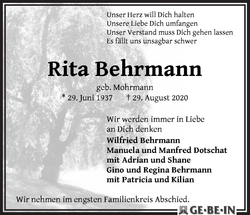  Traueranzeige für Rita Behrmann vom 09.09.2020 aus WESER-KURIER