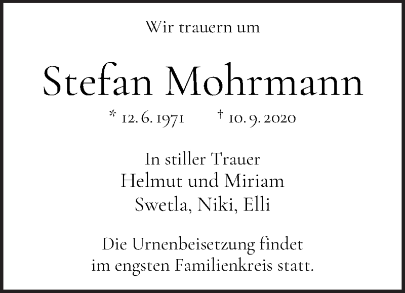  Traueranzeige für Stefan Mohrmann vom 19.09.2020 aus WESER-KURIER