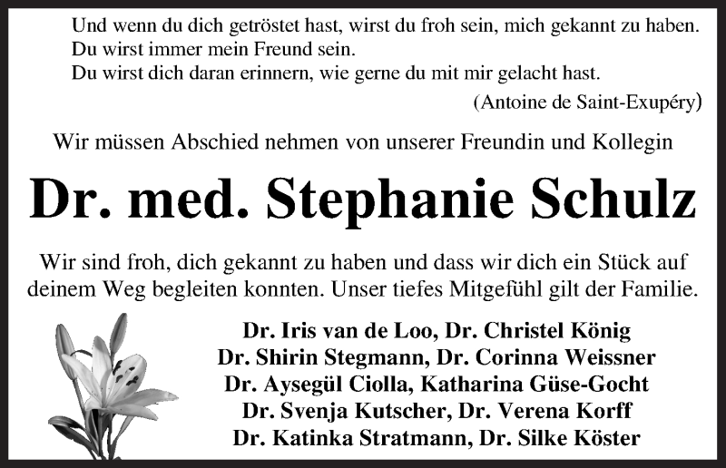  Traueranzeige für Stephanie Schulz vom 26.09.2020 aus WESER-KURIER