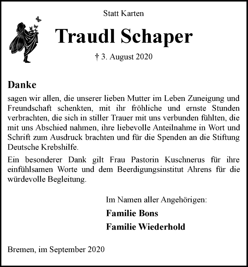 Traueranzeige von Traudl Schaper von WESER-KURIER