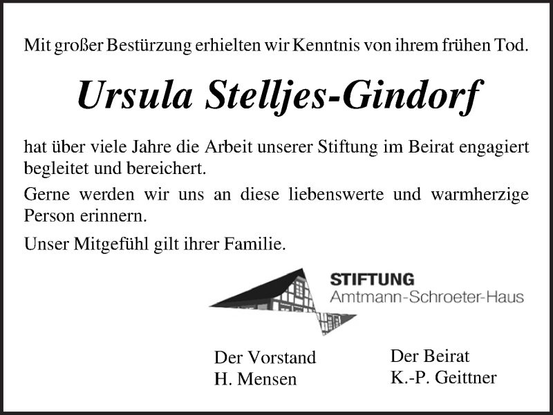 Traueranzeige von Ursula Stelljes-Gindorf von Wuemme Zeitung