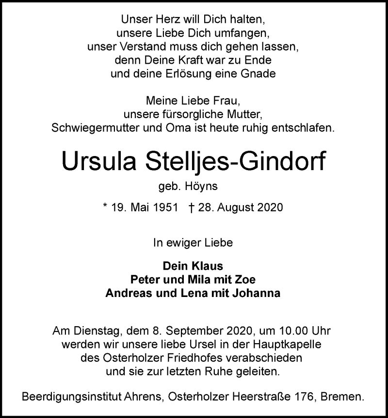 Traueranzeige von Ursula Stelljes-Gindorf von WESER-KURIER