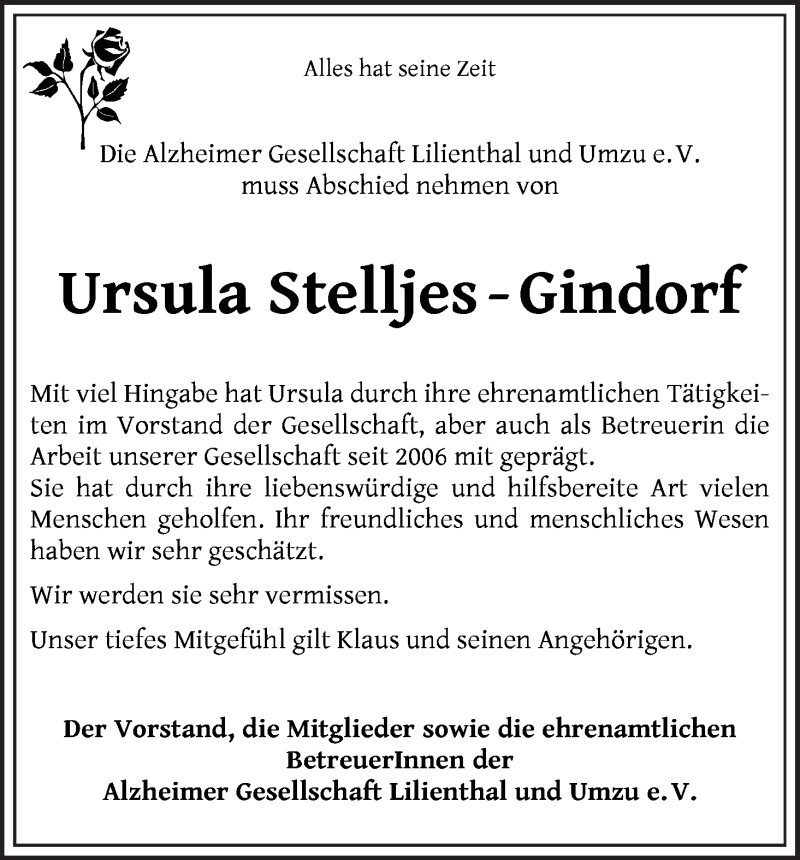 Traueranzeige von Ursula Stelljes-Gindorf von WESER-KURIER
