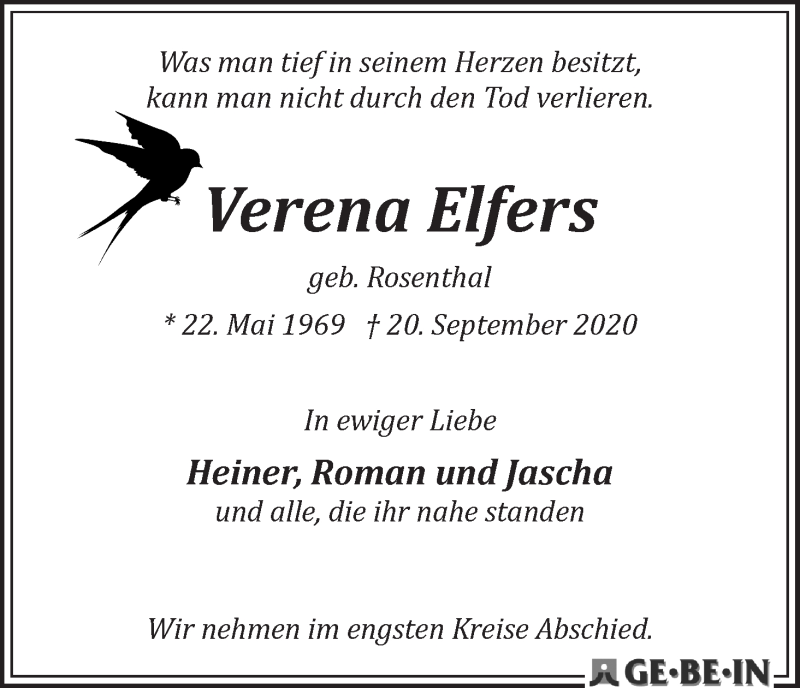  Traueranzeige für Verena Elfers vom 26.09.2020 aus WESER-KURIER