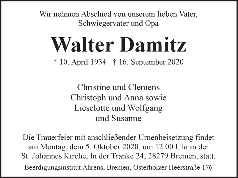 Traueranzeige von Walter Damitz von WESER-KURIER