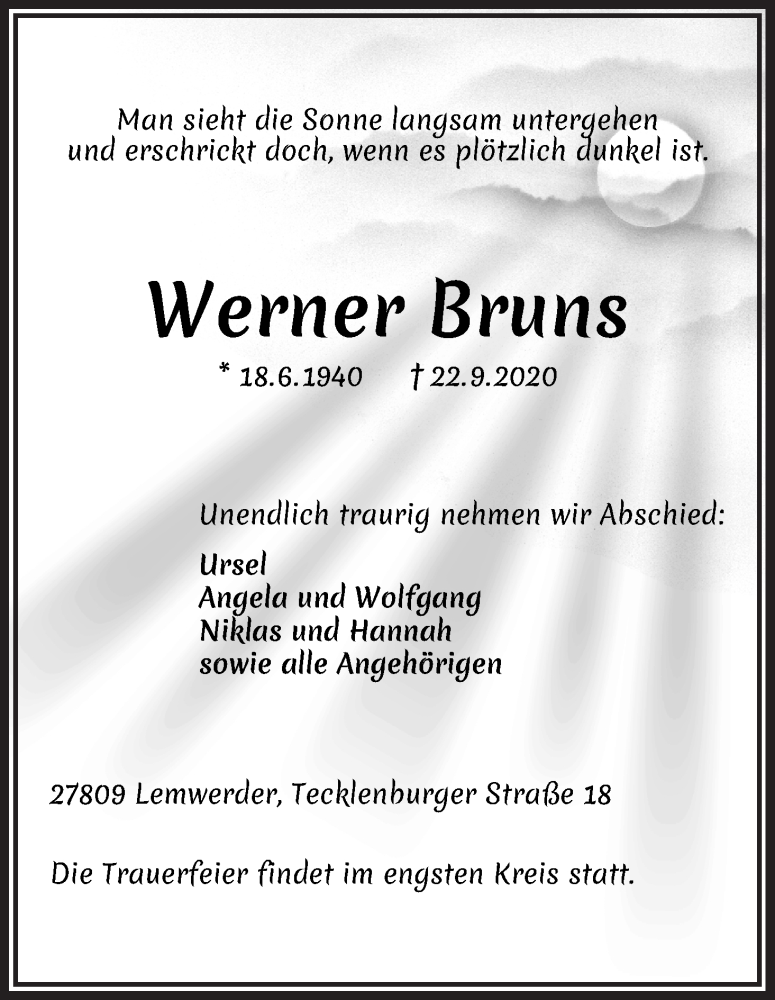  Traueranzeige für Werner Bruns vom 26.09.2020 aus Die Norddeutsche