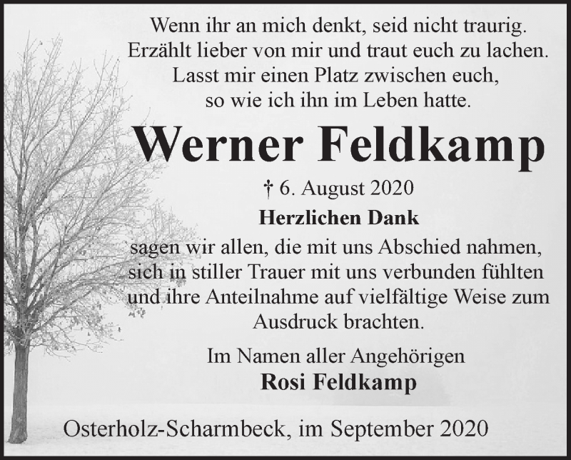Traueranzeige von Werner Feldkamp von WESER-KURIER
