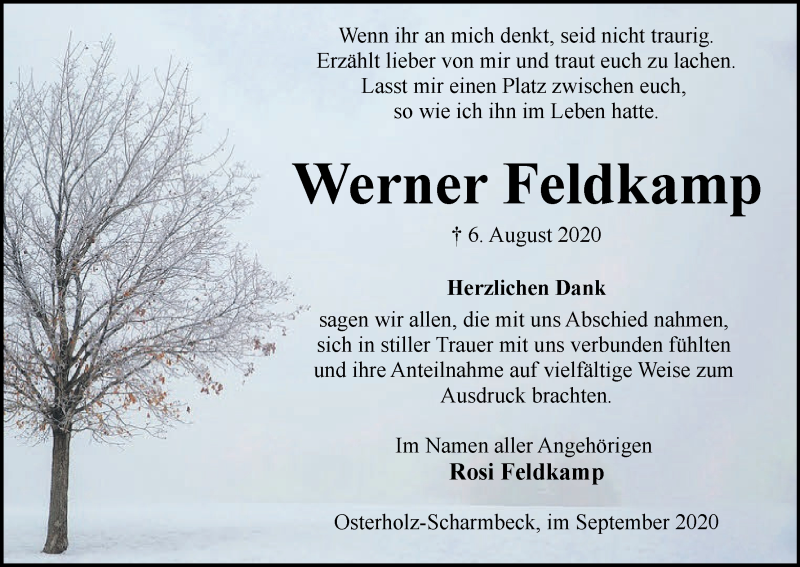 Traueranzeige von Werner Feldkamp von Osterholzer Kreisblatt
