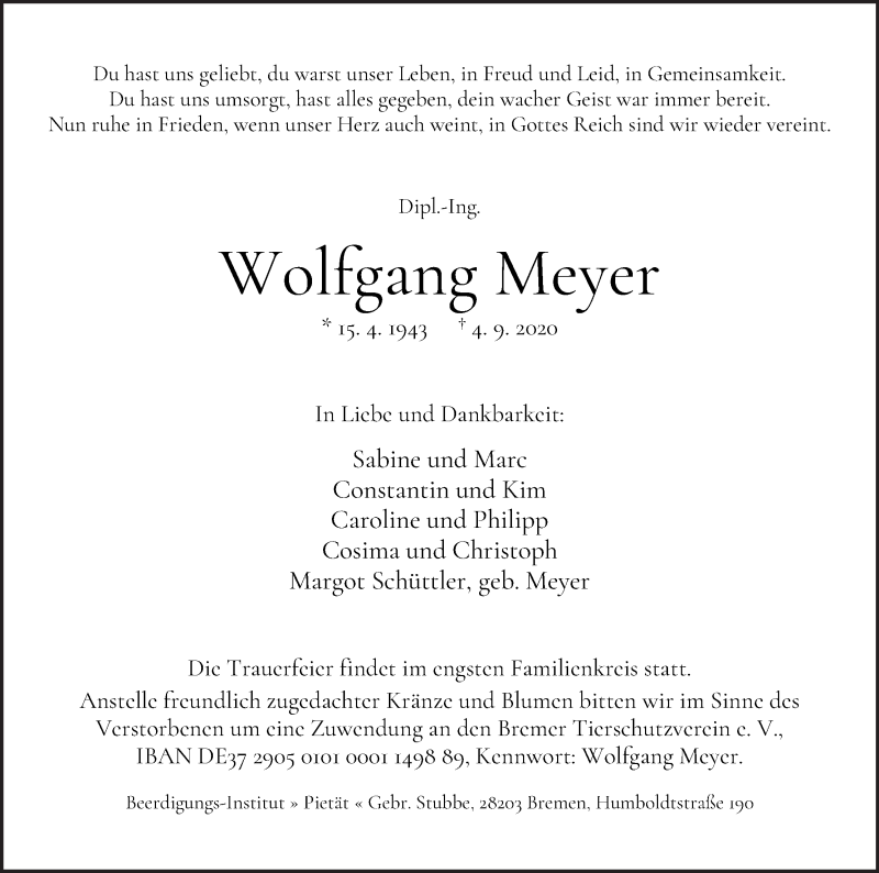 Traueranzeige von Wolfgang Meyer von WESER-KURIER