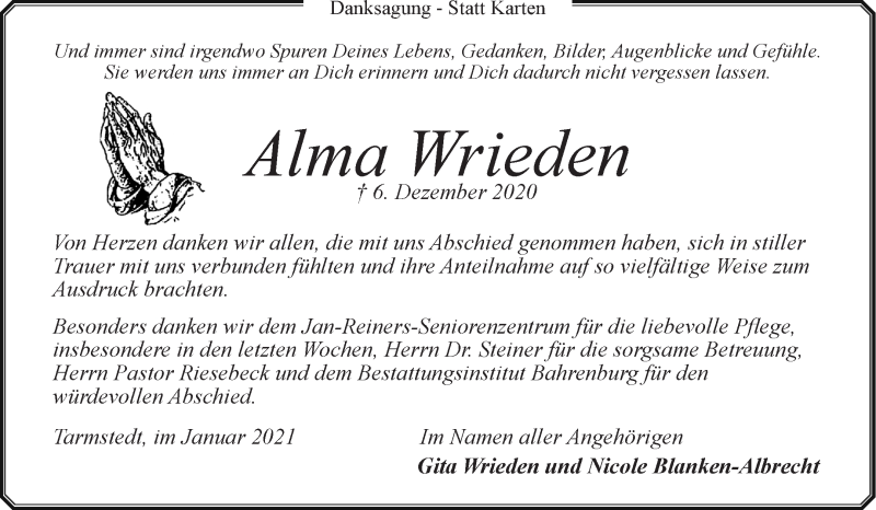 Traueranzeige von Alma Wrieden von Wuemme Zeitung