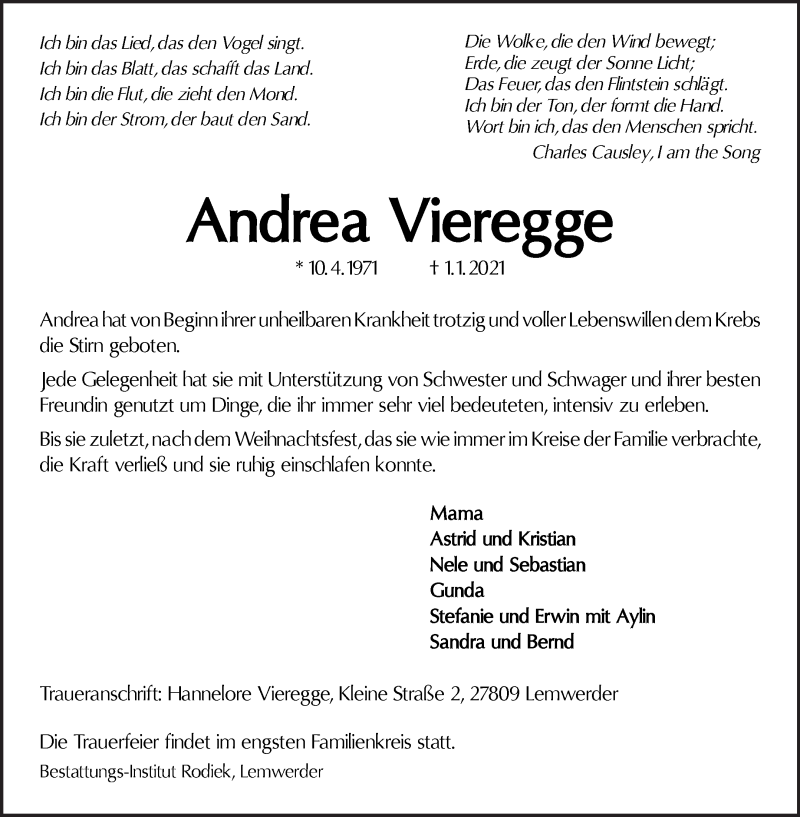  Traueranzeige für Andrea Vieregge vom 06.01.2021 aus WESER-KURIER
