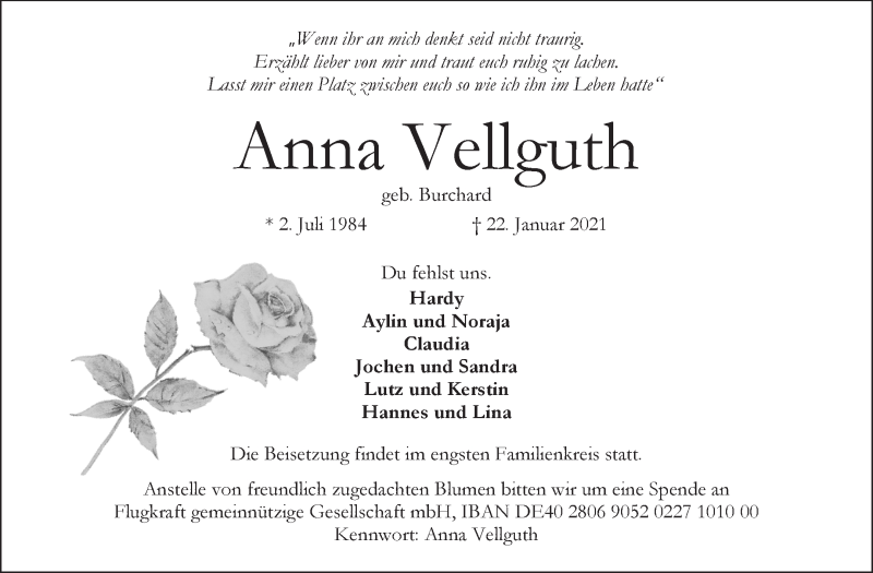  Traueranzeige für Anna Vellguth vom 30.01.2021 aus WESER-KURIER
