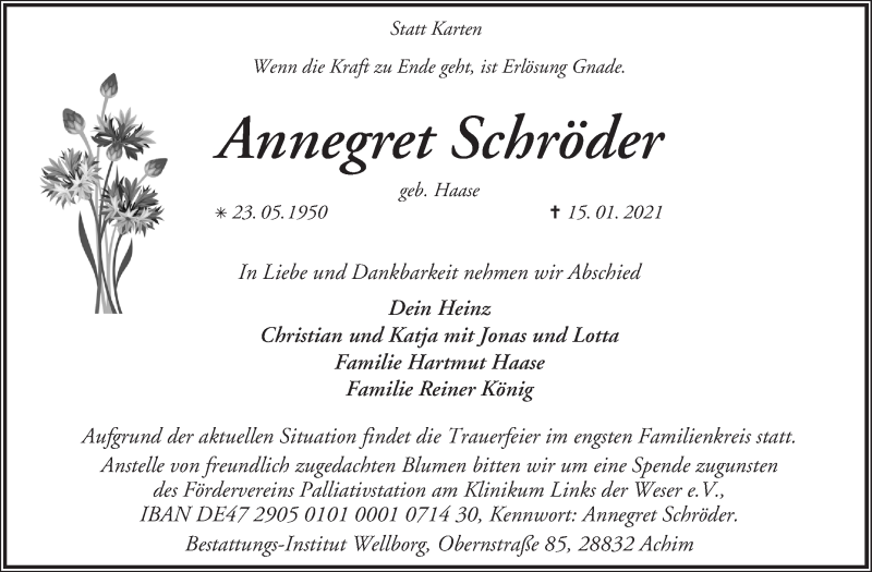  Traueranzeige für Annegret Schröder vom 23.01.2021 aus WESER-KURIER