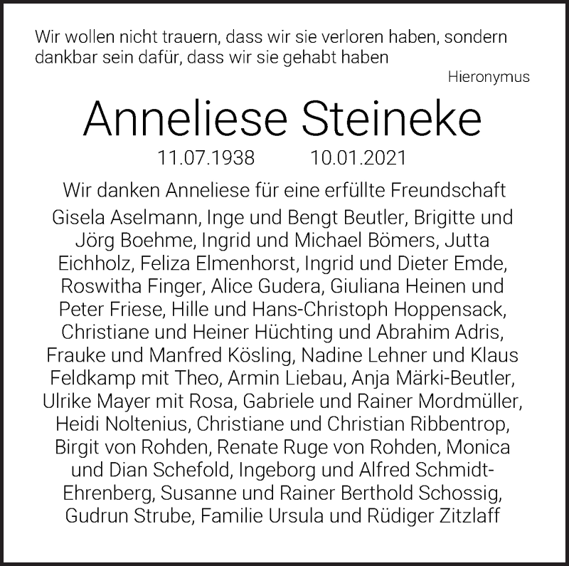  Traueranzeige für Anneliese Steineke vom 16.01.2021 aus WESER-KURIER