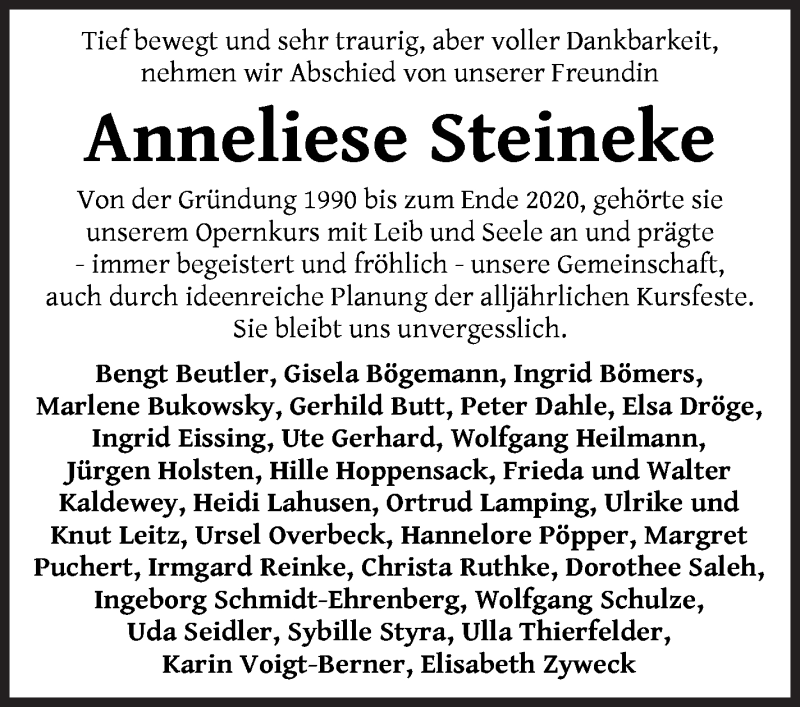  Traueranzeige für Anneliese Steineke vom 16.01.2021 aus WESER-KURIER